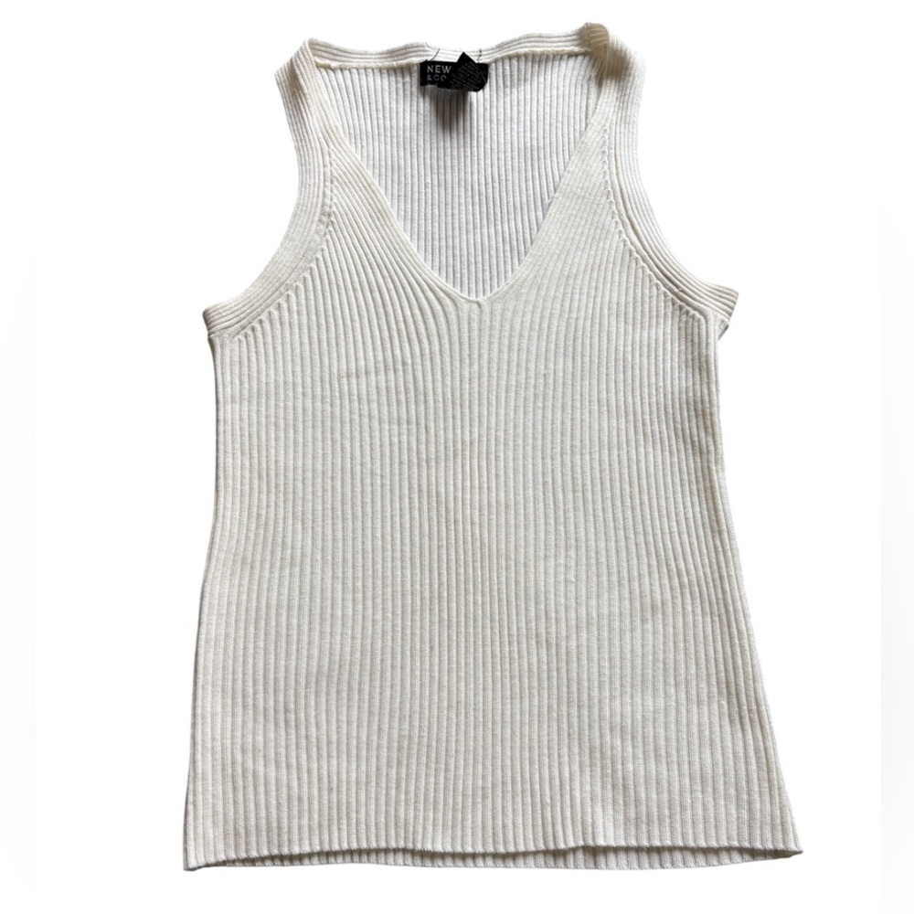 New York & Company Cream Knit Ribbed Tank Top